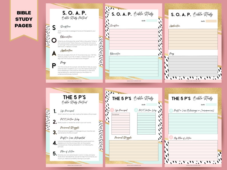 May include: Bible study pages with pink, gold, and teal accents. The pages feature the "S.O.A.P. Bible Study Method" and "The 5 P's Bible Study Method" with prompts for scripture, application, and prayer. The pages are designed for journaling.
