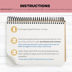 May include: A spiral-bound notepad with instructions for downloading a digital planner from Etsy. The notepad has a white background with text in black and gold. The instructions are numbered and include steps for purchasing, downloading, and opening the planner.