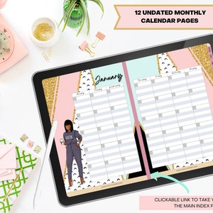 May include: Digital tablet displaying a monthly calendar with a January page. The calendar features a geometric design with gold glitter accents, pink, and black elements. The text "12 Undated Monthly Calendar Pages" is visible. A stylus and other stationery items are on the white surface.