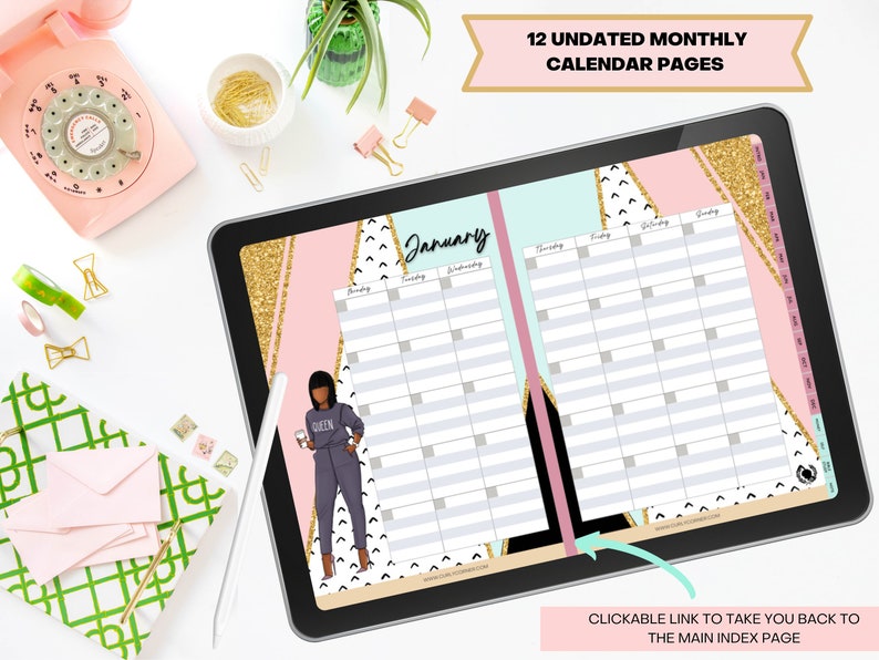 May include: Digital tablet displaying a monthly calendar with a January page. The calendar features a geometric design with gold glitter accents, pink, and black elements. The text "12 Undated Monthly Calendar Pages" is visible. A stylus and other stationery items are on the white surface.