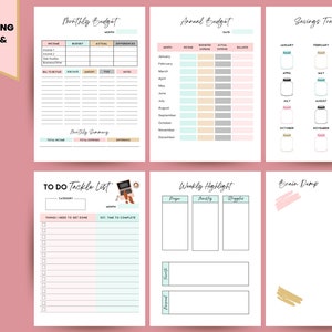 May include: A collection of printable budgeting pages and more, including monthly and annual budget templates, a savings tracker, a to-do list, a weekly highlight sheet, and a brain dump page. The pages have a white background with pastel color accents.