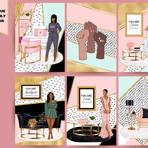 May include: A collection of 12 unique monthly designs featuring illustrations of women in various settings. The designs incorporate geometric patterns, gold accents, and inspirational quotes. The color palette includes pink, black, white, and gold.