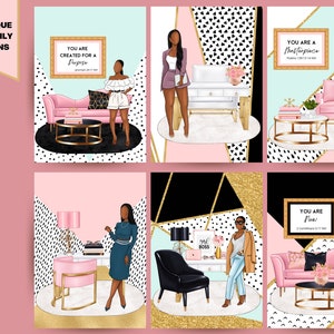 May include: A set of 12 unique monthly design prints. Each print features a stylish illustration of a woman in a fashionable outfit, set against a backdrop of geometric shapes, gold accents, and inspirational quotes. The color palette includes pink, black, gold, and teal.