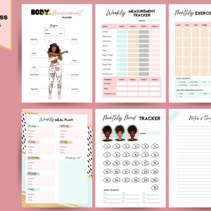 May include: A collection of wellness pages with a pink and gold theme. Includes trackers for body measurements, weekly measurements, exercise, meal planning, mood, and notes. Features illustrations of a woman and cloud graphics.