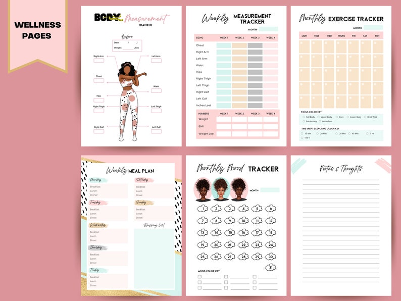 May include: A collection of wellness pages with a pink and gold theme. Includes trackers for body measurements, weekly measurements, exercise, meal planning, mood, and notes. Features illustrations of a woman and cloud graphics.