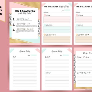 May include: Bible study pages with a pink, gold, and black design. The pages include prompts for Bible study, sermon notes, and a prayer journal. The text includes "The 6 Searches Bible Study Method" and prompts like "What Did You Like?"