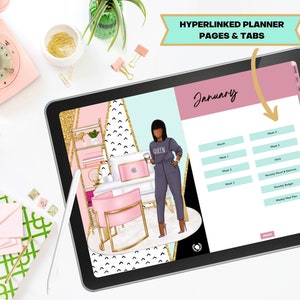 May include: Digital planner displayed on a tablet, featuring a stylish illustration of a woman in a workspace. The planner's interface includes tabs and pages for January, with sections for weekly and monthly planning. The text "Hyperlinked Planner Pages & Tabs" is visible.