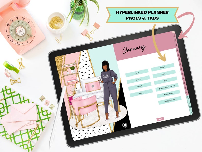 May include: Digital planner displayed on a tablet, featuring a stylish illustration of a woman in a workspace. The planner's interface includes tabs and pages for January, with sections for weekly and monthly planning. The text "Hyperlinked Planner Pages & Tabs" is visible.