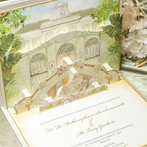 Bespoke Venue Pop-up Wedding Invitation | Hardcover design - opens like a book to a 3D venue or scenic popup