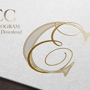 May include: Gold monogram with the letters "EC" in a decorative script font. The letters are intertwined and have a striped pattern. The text "MONOGAM" and "Instant Download" is also included.