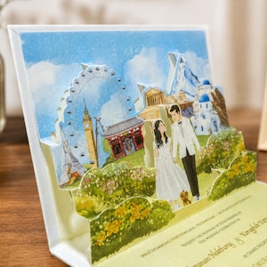 Pop-up Wedding Invitation | Hardback Book Cover Design - opens to present a 3D venue or scenic view