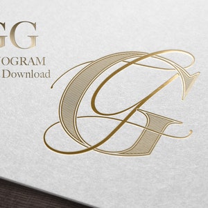 Puede incluir: Un diseño de monograma dorado con la letra "G" en una fuente de escritura decorativa. También se incluye el texto "GG MONOGAM Descarga instantánea".