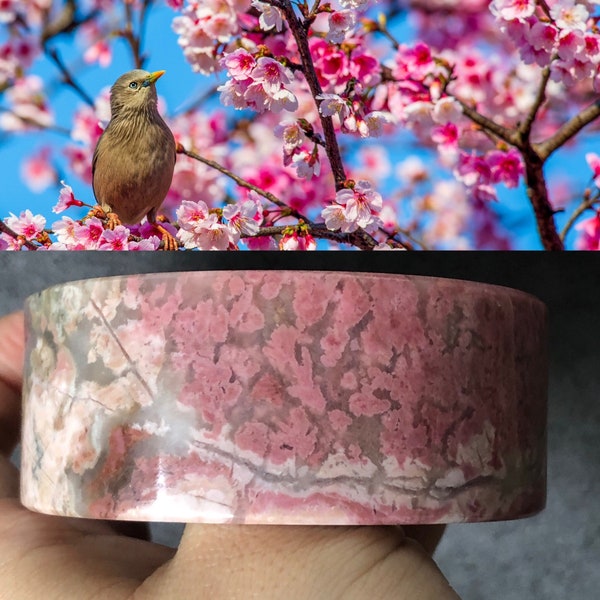 59.3mm High Quality Natural Rhodonite Crystal Bangle Bracelet| Little Bird in Cherry Blossom | Blooming flowers | Rosy Pink Green | Poetic