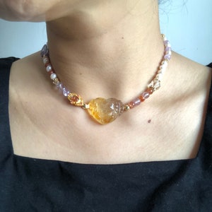 Rainbow Carved Yellow Hematoid Nine-tailed Fox 2 way Necklace Choker and Bracelet |  Sunstone, Amethyst, Kunzite, Clear Quartz, Pearl