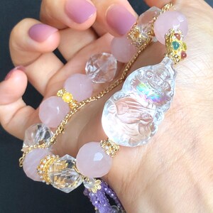 Rare Find Rainbow Clear Quartz Carved Nine-tailed Fox Pendant Charm Rose Quartz Bead Elastic Stretch Bracelet | Removable Crystal Tassel