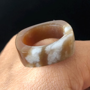 Natural Nephrite Jade Band Ring | US 5.25 | White Jade & Brown Jade Pinky Ring | Milk Coffee Latte | Women Statement Ring Stackable Ring
