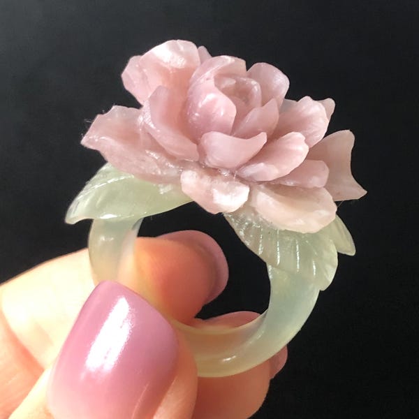 Custom Size! Xiu Jade Serpentine Hand Carved Peony Flower Statement Ring | Green & Pink Jade Ring Pendant | Handcrafted 3D Stone Carving