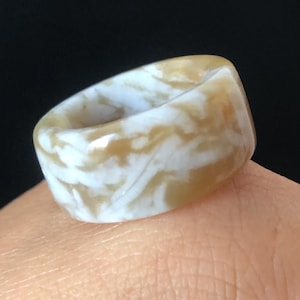 Natural Nephrite Jade Band Ring | US 6.25 | White Jade & Brown Jade Pinky Ring | Milk Coffee Latte | Women Statement Ring Stackable Ring