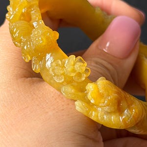 Custom Size 50-70mm! Xiu Jade Tiger & Rose Hand Carved Bangle: Certified Natural Serpentine Yellow Jade handcrafted Bracelet stone carving
