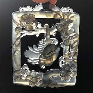 Movable! Certified Natural Xiu Jade Serpentine Hand Carved Magpie Bird Dangler with Flower Pendant Adjustable Necklace | Icy Gray Black Jade