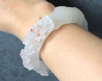 Natural SheTaiCui Jade (Quartzite) Hand Carved Nine-tailed Fox Flower Stone Crystal Bangle | Coral Pink Dots | Icy Milky | Tailor made