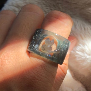 Natural Xiuyu Jade Serpentine Hand Craved Kitten Cat Flowers Stone Crystal Hollow Out Ring | 18.2mm (US 8) or custom-made | Icy Translucent