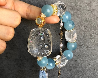 Clear Quartz with Rainbow Hand Carved Nine-tailed Fox Pendant Charm with Aquamarine & Rose Quartz Crystal Bead Bracelet | Removable Tassel