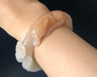 48-70mm Custom Size Natural Quartzite (SheTaicui jade) Hand Carved Nine-tailed Fox with Flower Stone Crystal Bangle | Icy Milky Coral Sands