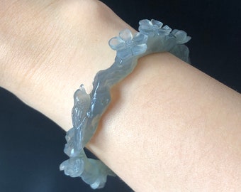 Custom Size! 52-66mm Natural Xiu Jade Serpentine Hand Carved Magpie Birds and Flower Bangle | Icy Gray | Stone Crystal Gemstone Jewellery