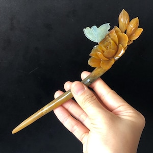 Certificate Natural Xiu Jade Serpentine Hand Carved Blue Butterfly & Brown Camellia Flower Hair Pin | Jade Hair Stick | Asian Chinese Style