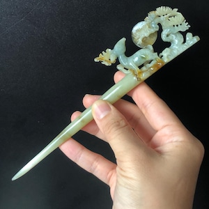Certificate Xiu Jade Serpentine Hand Carved Deer with Pine Tree & Moon Hair Pin | Green Jade Hair Stick | Asian Chinese Vintage Gift for her