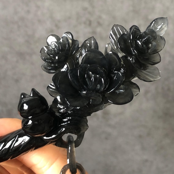 Certified Xiu Jade Serpentine Hand-Carved Cat & Camellia Flower Hair Pin with Dangle | Black Jade Hair Stick | Vintage Kitten Hair Fork Gift