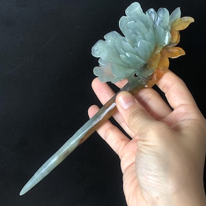 Certificate Xiu Jade Serpentine Hand Carved Blue Peony Flower Hair Pin | Multicoloured Jade Hair Stick | Asian Chinese Vintage Gift for her