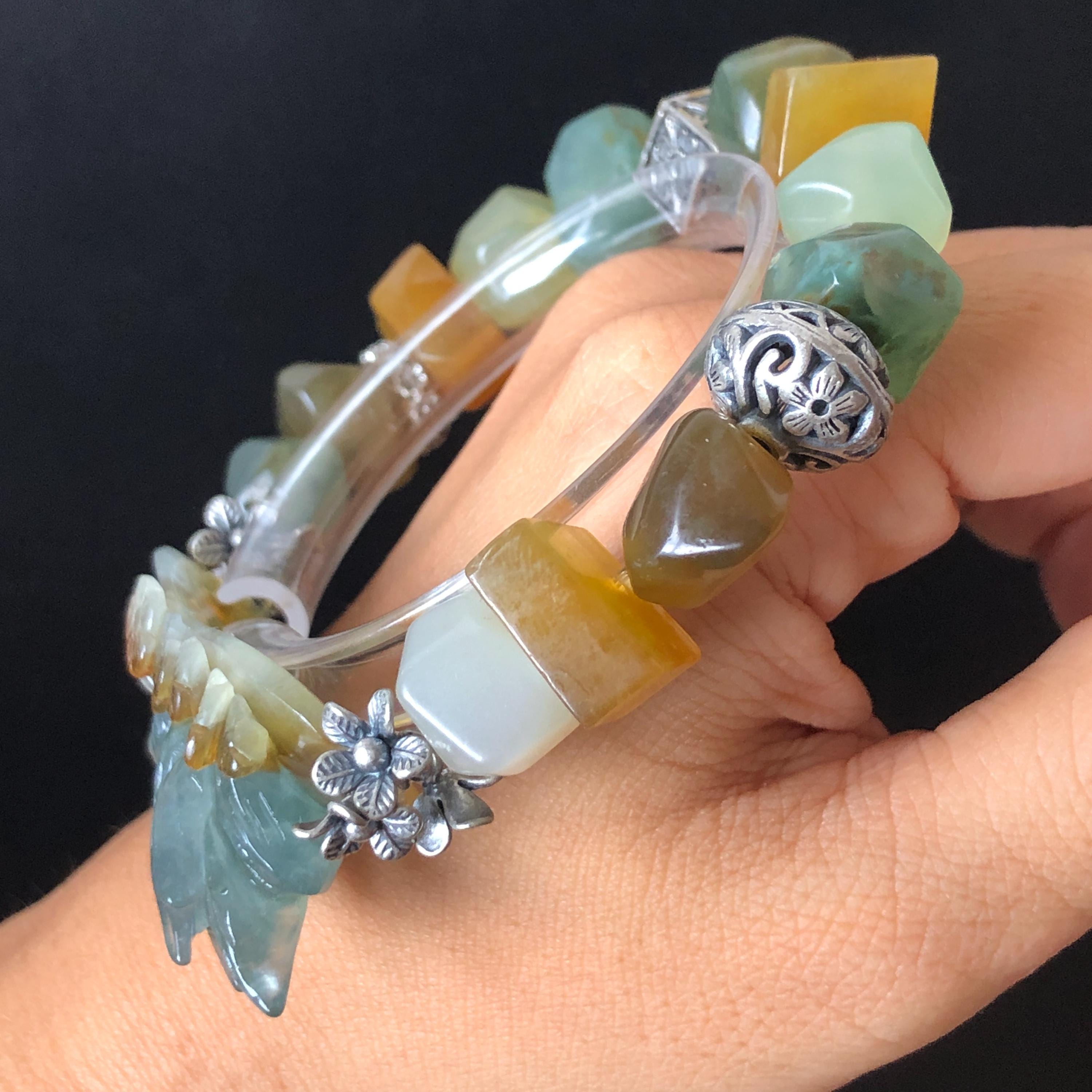 Xiu Jade Serpentine Hand Carved Nine-tailed Fox & Flower Charm