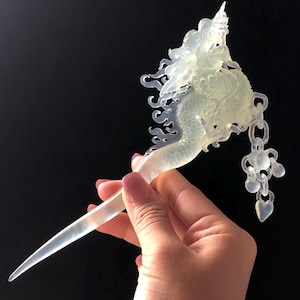 Certified Natural Xiu Jade Serpentine Hand Carved Soaring Dragon Hair Pin | Ice White Jade Hair Stick | Asian Vintage Chinese Hair Fork Gift