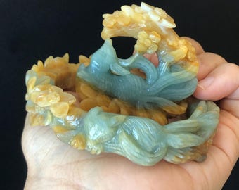 54.9mm Certificated Natural Xiu Jade Serpentine Hand Carved Nine-tailed fox with moon & flower bangle and pendant set | Custom Size Bracelet