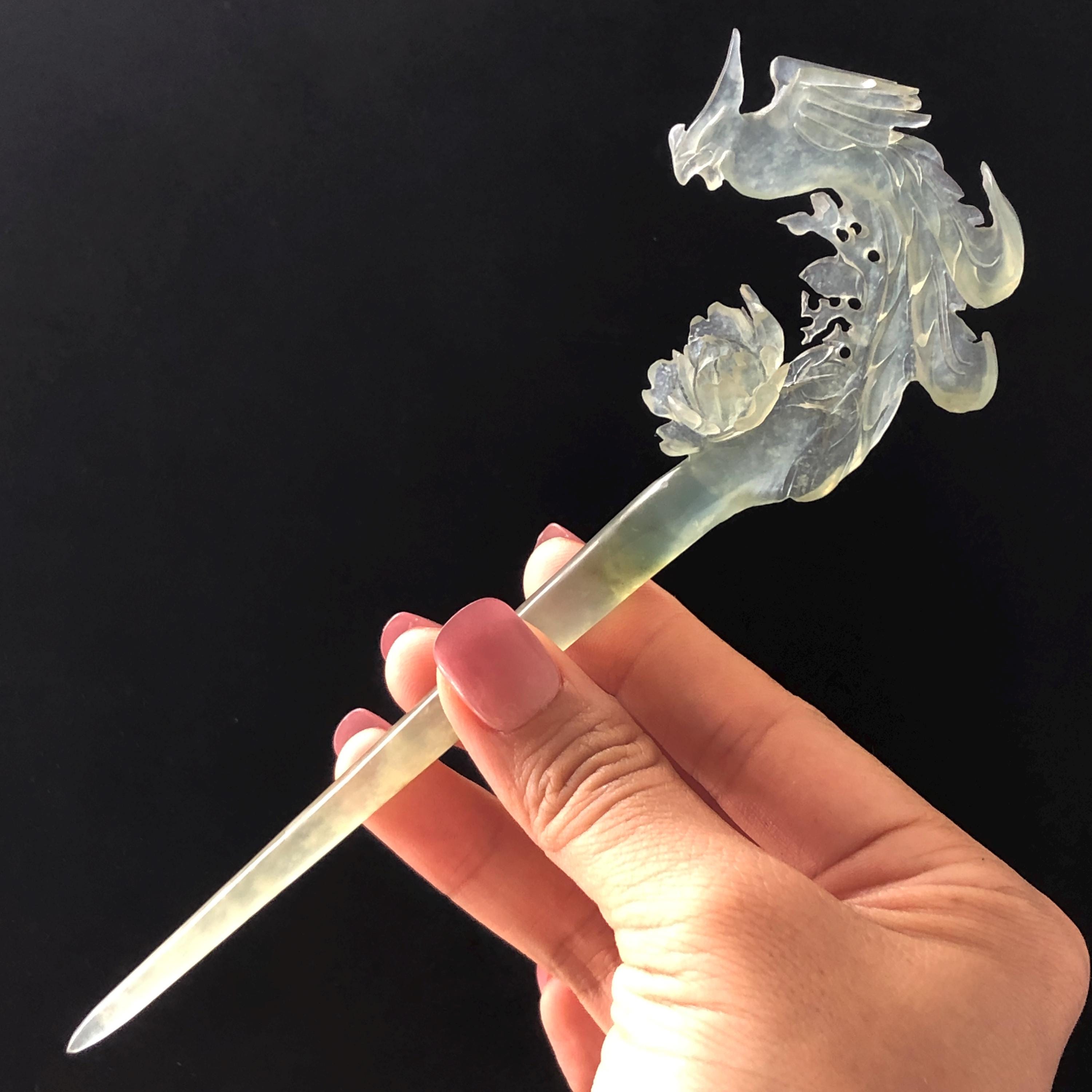 Certified Natural Xiu Jade Serpentine Hand Carved Phoenix & Peony Hair Pin | Ice Green Jade Hair Stick | Asian Chinese Vintage Hair Fork