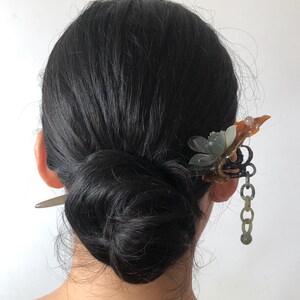 Certified Natural Xiu Jade Serpentine Hand Carved 4 Coloured Lotus Flower Hair Pin with Dangle | Ice Grey Brown Black Green Jade Hair Stick