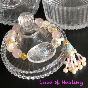Rainbow Clear Quartz Carved Nine-tailed Fox Pendant Charm with Rose Quartz & Pink Phantom Quartz Bead Elastic Stretch Crystal Bracelet Gift