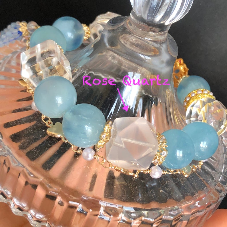 Clear Quartz with Rainbow Hand Carved Nine-tailed Fox Pendant Charm with Aquamarine & Rose Quartz Crystal Bead Bracelet Removable Tassel zdjęcie 8