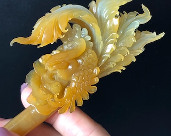 Xiu Jade Serpentine Hand Carved Golden Phoenix & Peony Hair Pin | Yellow Orange Red Jade Hair Stick | Asian Chinese Vintage Hanfu Hair Fork