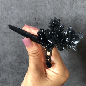 Certified Xiu Jade Serpentine Hand-Carved Cat & Camellia Flower Hair Pin with Dangle | Black Jade Hair Stick | Vintage Kitten Hair Fork Gift black jade carving hand engraved cat hairpins hand carved hair stick cat carving kitten carving black cat hair fork flower carving natural untreated jade with certificate japanese hair stick korean hair fork chinese hair pins hanfu hairpins vintage hair comb cat lover gift gothic hairpins jade hair accessory carved hair jewelry