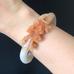 60.3 mm Natural SheTaiCui Jade (Quartzite) Hand Carved Flowers Bangle |  Milky Coral Sands | Tailor made Crystal Stone Gemstone