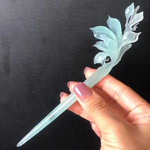 Certified Xiu Jade Serpentine Hand Carved Frosty Blue Yulan Flower Hair Pin, Ice Blue Jade Hair Stick, Wedding Headpiece Hair accessories