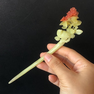 Certified Natural Xiu Jade (Serpentine) Hand Carved Bird & Red Flower Hair Pin | Jade Hair Stick | Asian Chinese Vintage Style Hair Comb