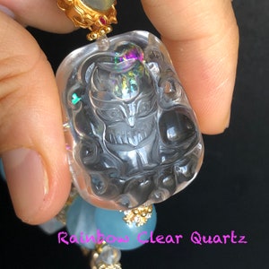 Clear Quartz with Rainbow Hand Carved Nine-tailed Fox Pendant Charm with Aquamarine & Rose Quartz Crystal Bead Bracelet Removable Tassel zdjęcie 3