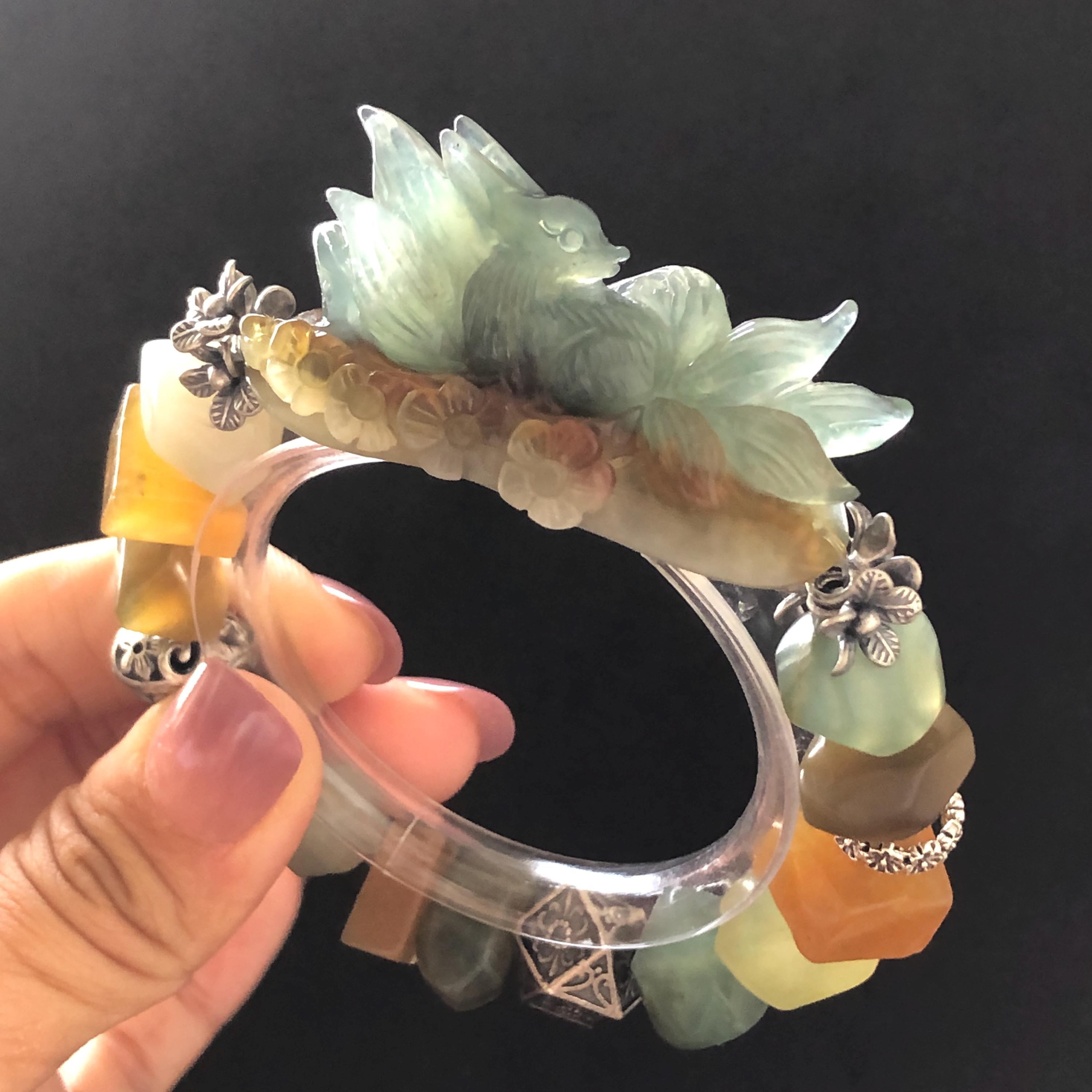 Xiu Jade Serpentine Hand Carved Nine-tailed Fox & Flower Charm