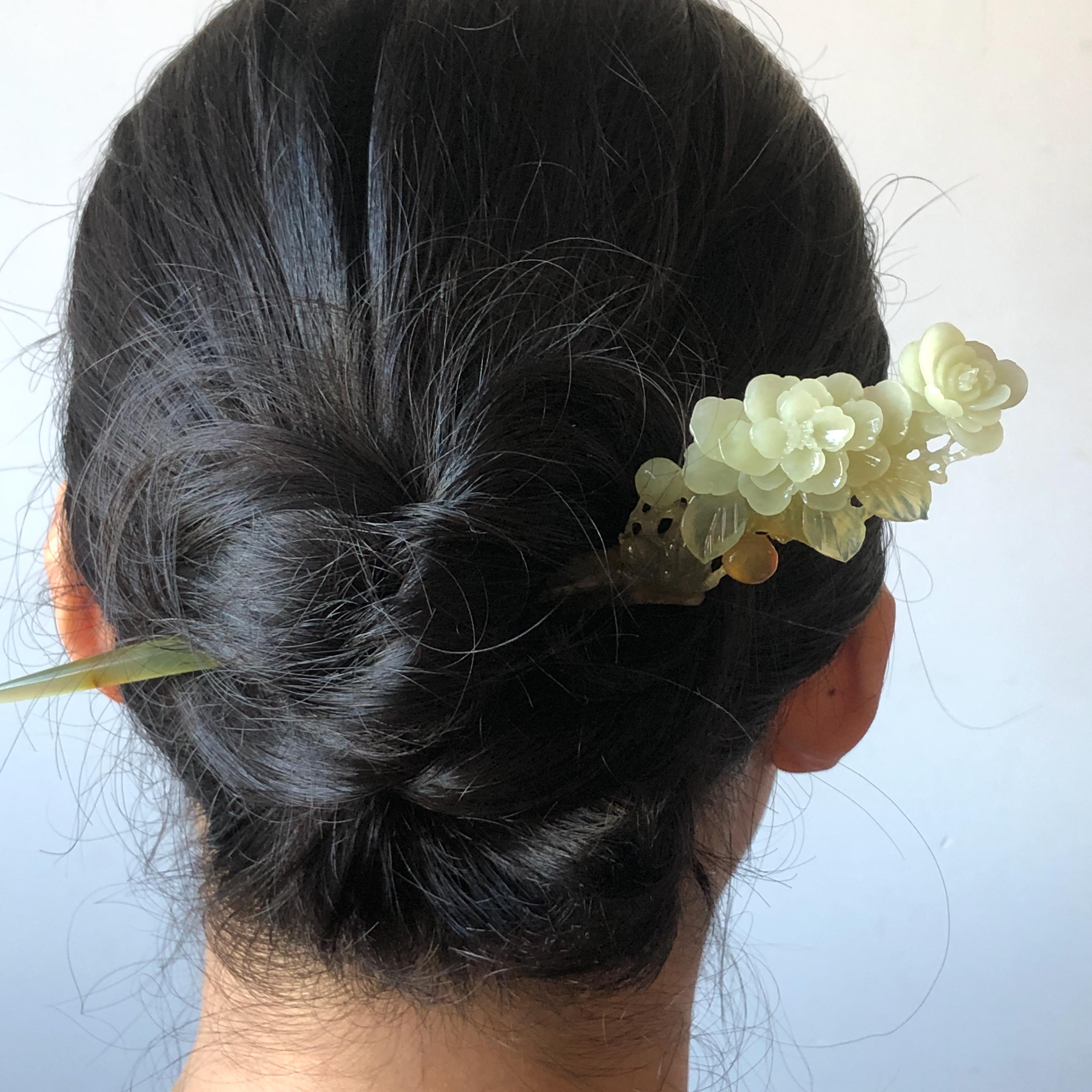 Xiu Jade Peach Blossom Flower Hand Carved Hair Pin: Certified
