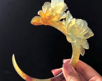 Xiu Jade Serpentine Hand Carved Camellia Flowers & Butterfly Hair Pin: Certified Natural Orange Caramel Yellow Jade Crescent Moon Hair Stick