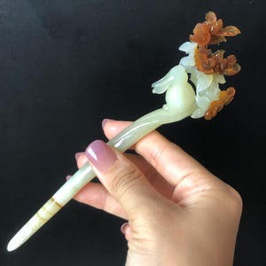 Certified Natural Xiu Jade Serpentine Hand Carved Rabbit Bunny & Osmanthus fragrans Flower Hair Pin | Bi-colour White Brown Jade Hair Stick